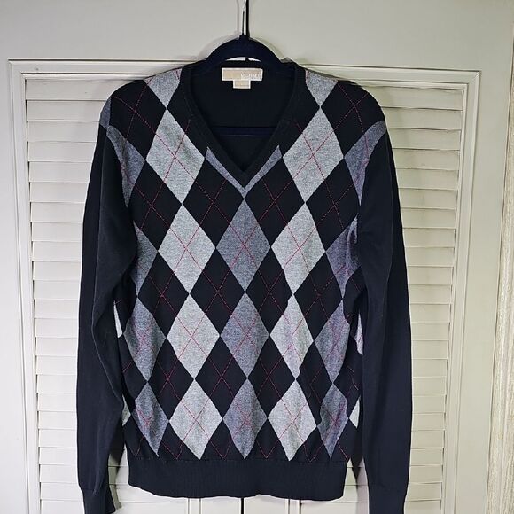 Men's Black and Gray Argyle Sweater By Michael Michael Kors Size Medium - Picture 1 of 6